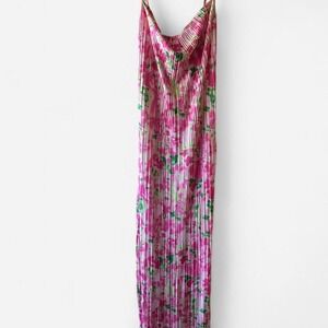 Pink & Green floral maxi dress w/ micro-pleated cotton blend cowl neckline Sz Lg